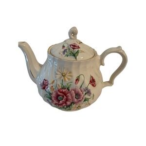 Crown Dorset Staffordshire England Teapot Floral Poppy Daisy Gold Trim Fluted